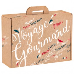 Valisette en carton kraft motif Voyage gourmand tricolore avec poignée 34.2x25x11.5 cm