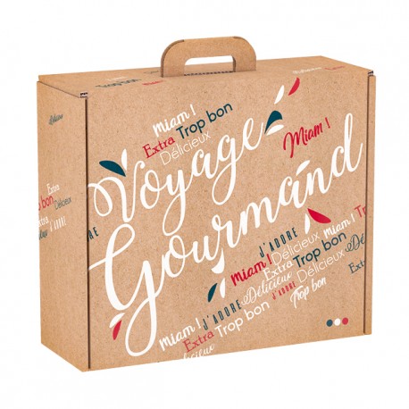 Valisette en carton kraft motif Voyage gourmand tricolore avec poignée 38.4x32x11.5 cm